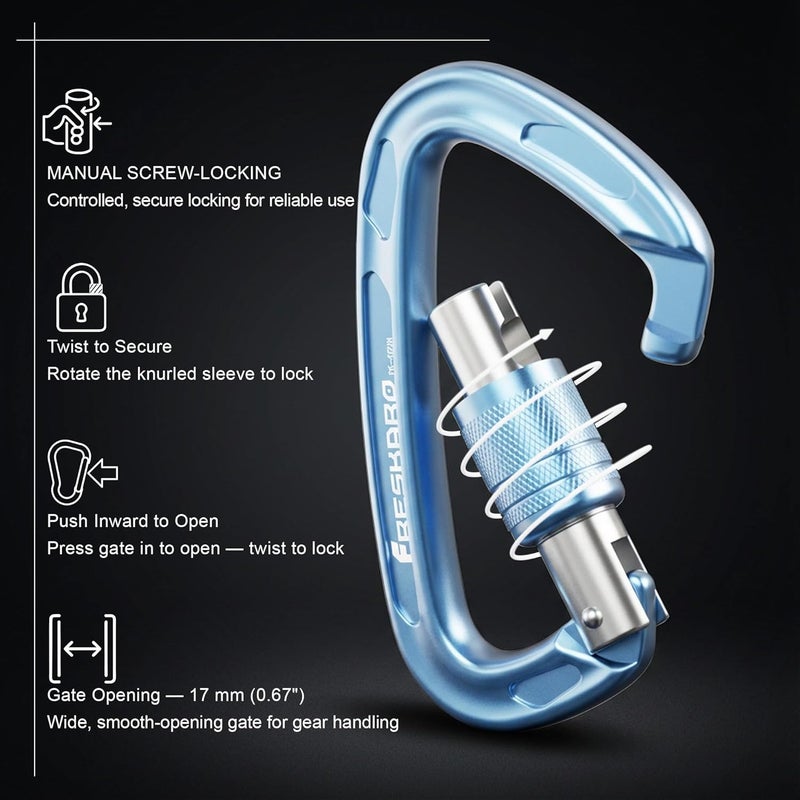 FresKaro 4inches 25kN-5621lbs Climbing Carabiners, UIAA CE Certified, Screw Lock, 7075 Aluminium, Lightweight, Rust Proof, for Mountaineering, Rappelling etc., Multi-Colors - Image 3